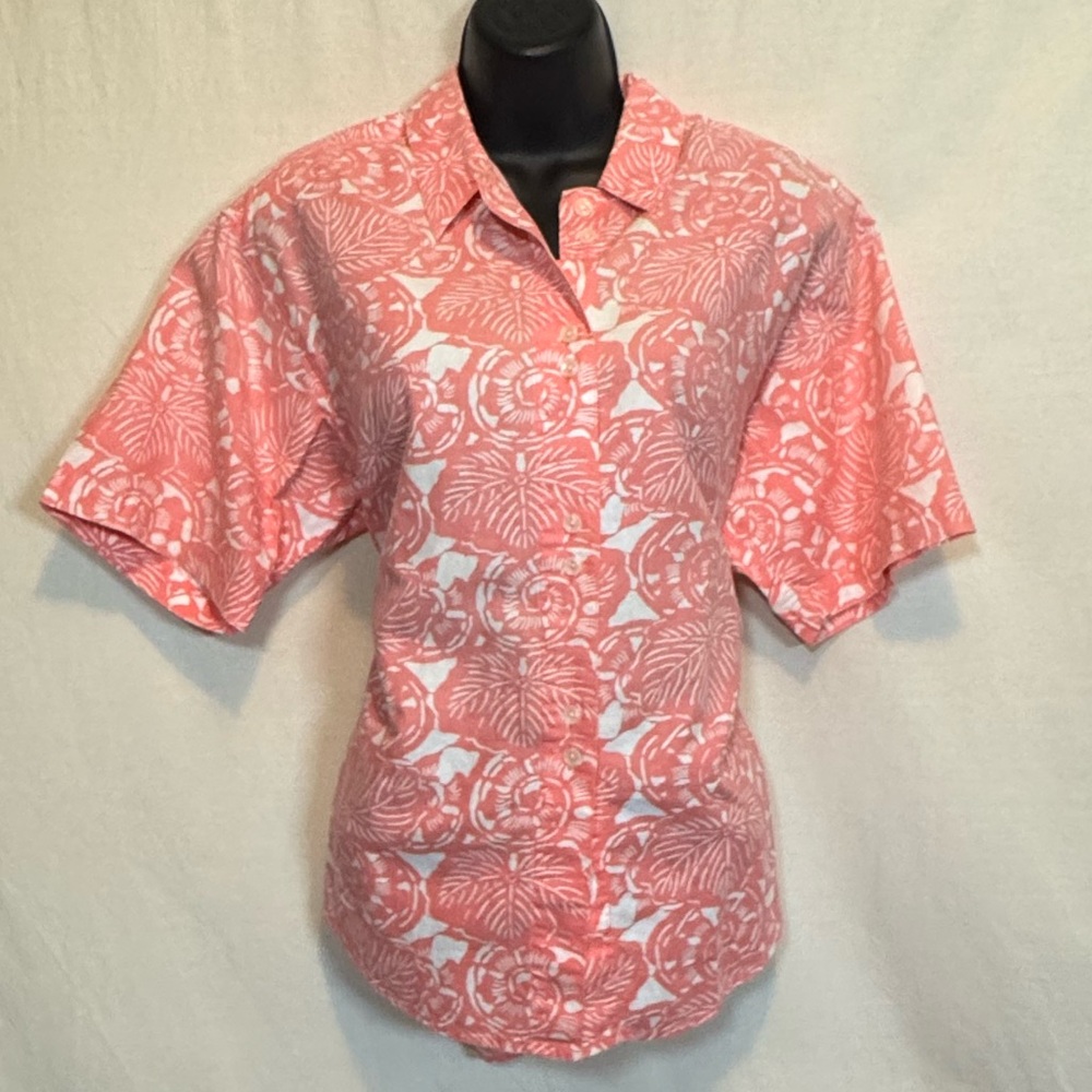 G-183 Dockers Pink & White Linen Blend Short Sleeve Button Down Blouse Size S